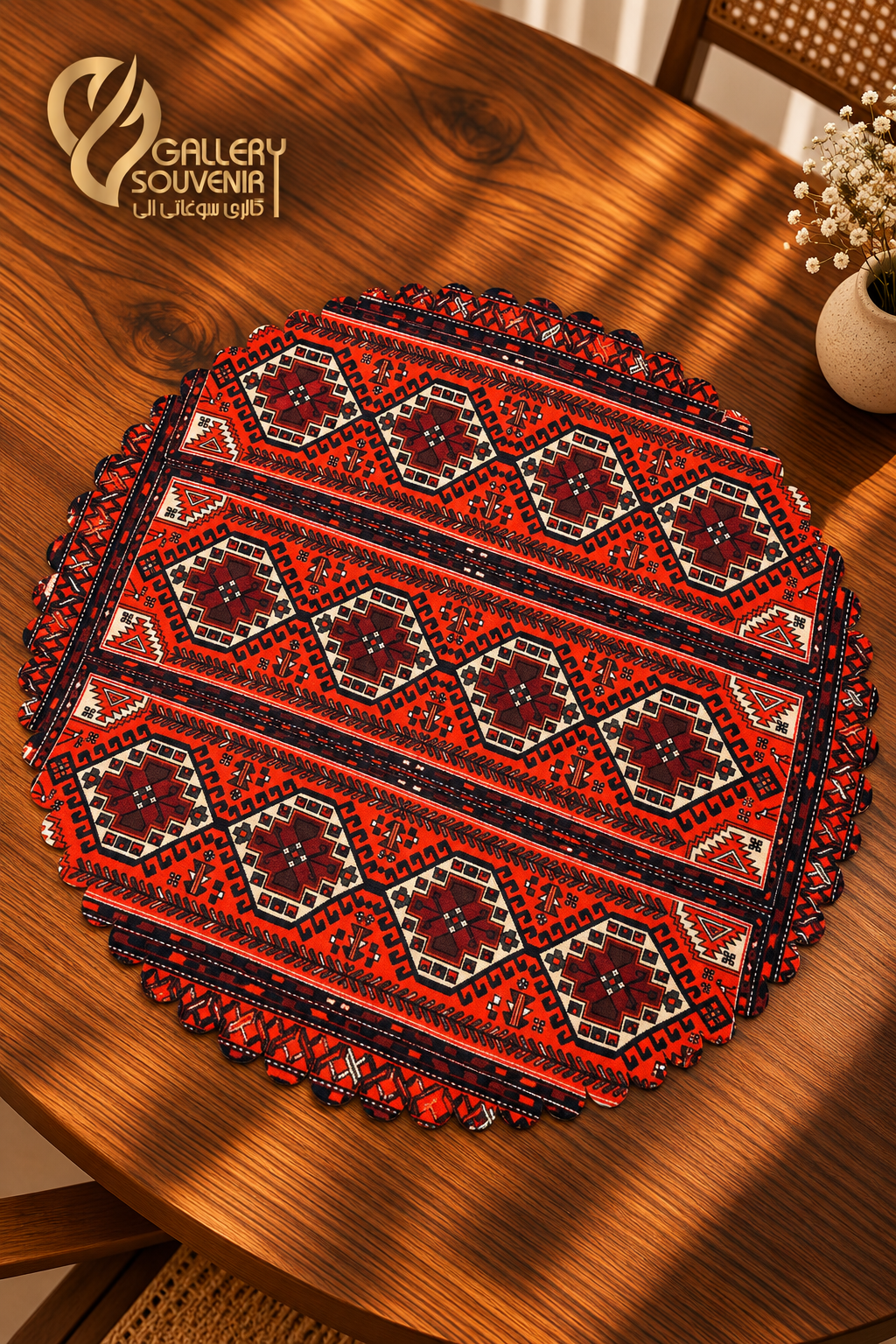83124218-BB5E-4AC0-BFCF-5215EE07791D رومیزی گرد مخمل طرح قشقایی ۲ - تصویر 1